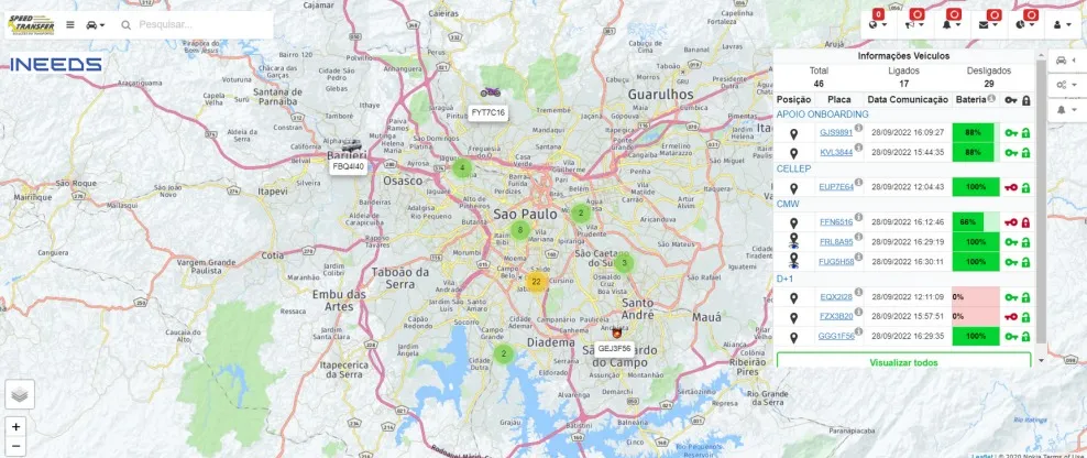 Tela do software com mapa e lista de veículos