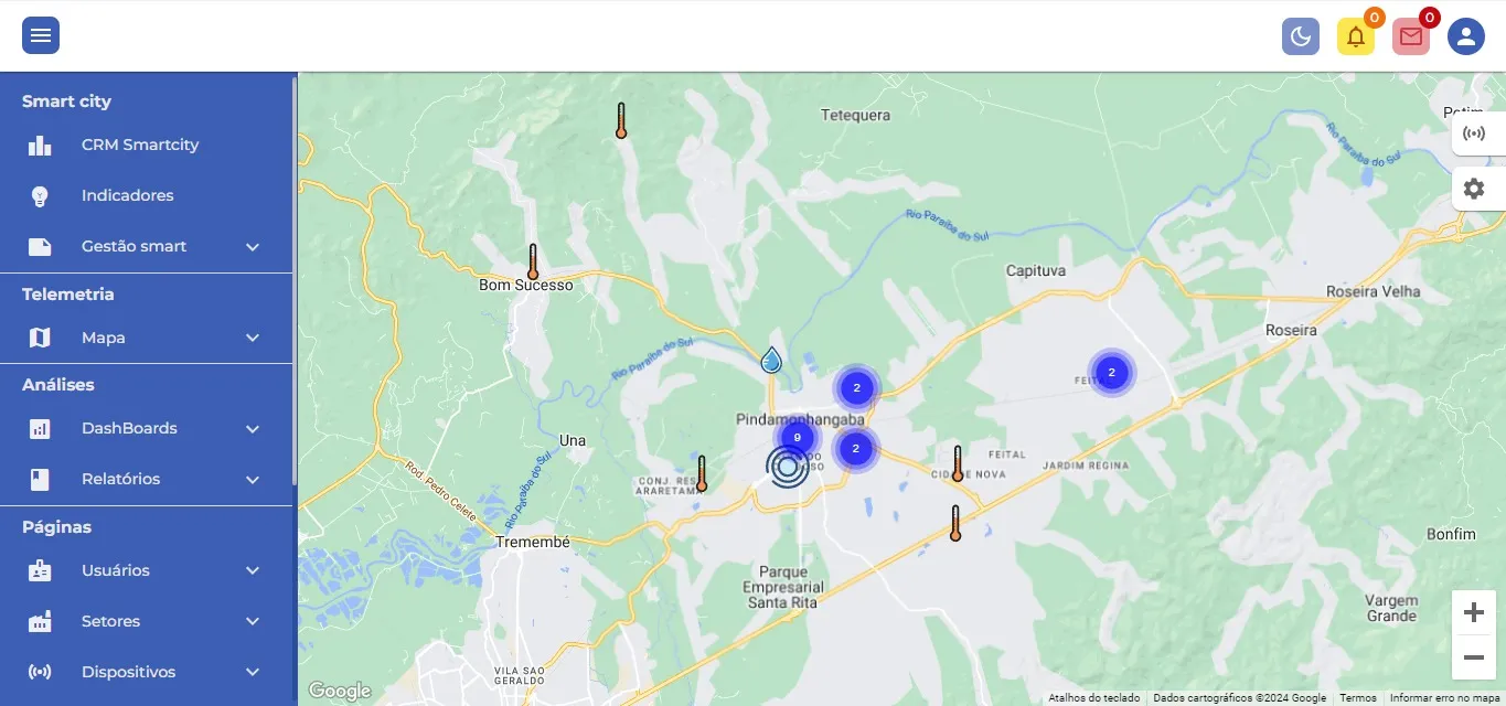 Tela do software com mapa listando posição dos dispositivos IOTs
